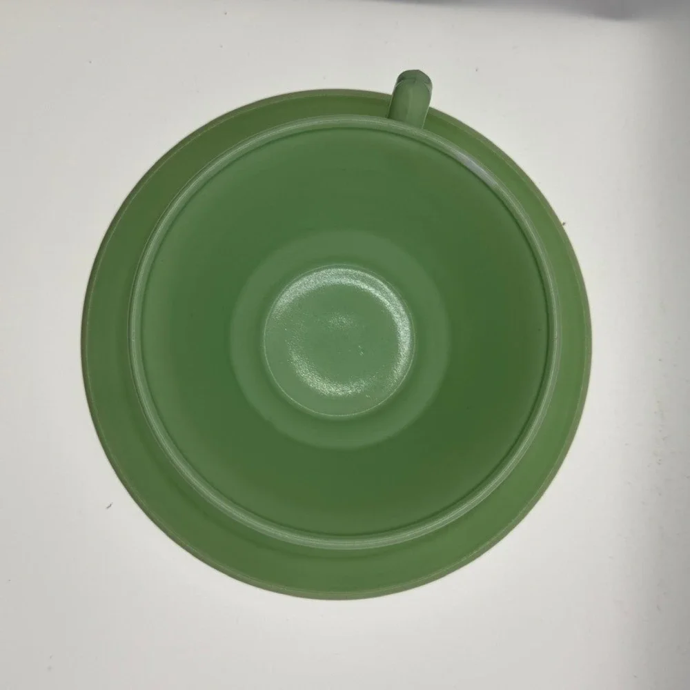 Hazel-Atlas Green Milk Glass Moderntone Cup and Saucer Set Vintage Art Deco